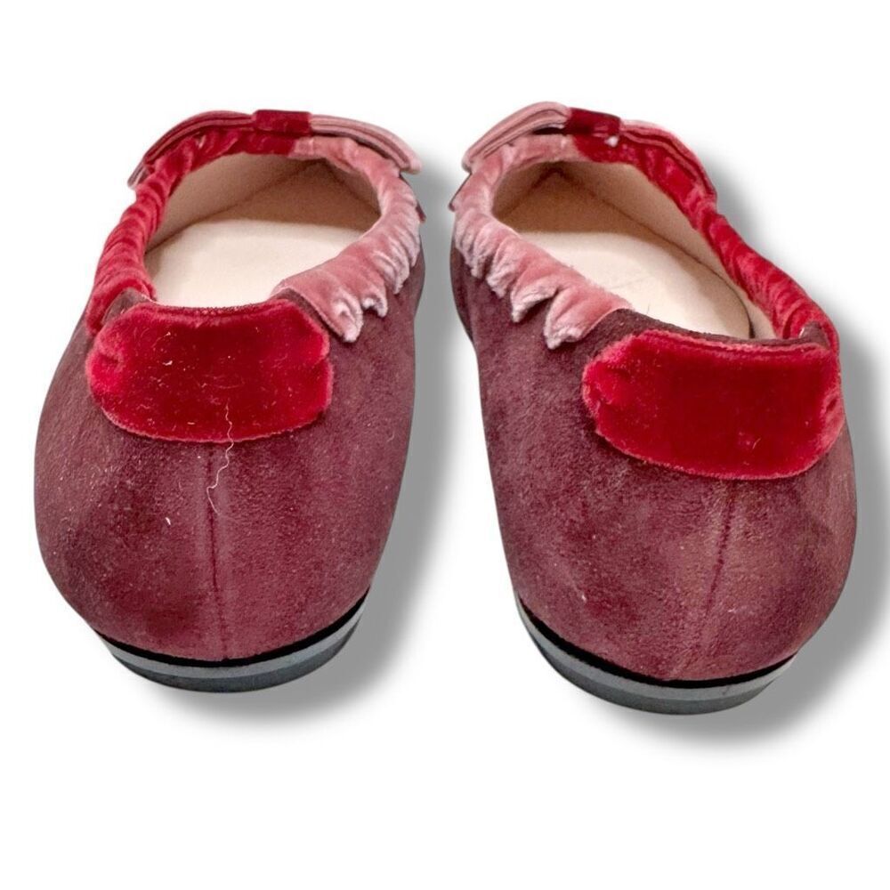 Fendi Burgundy Suede Velvet Ribbon Stitch Bow Pointed Toe Ballet Flats Size 38 - Picture 7 of 11